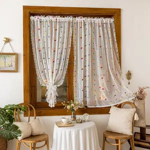 Bohemian Floral Embroidered Sheer Curtain, Rod Pocket Hanging, Polyester Fabric, Lightweight Breathable, Ideal for Garden, Cottage, Living Room, Bedroom, Balcony, Kitchen