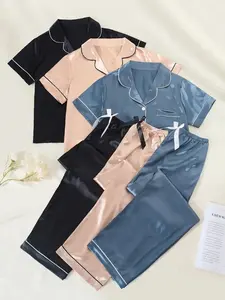 Flame Resistant Satin Pajama Sets: Comfy V-Neck Top & Bow Pants, Soft Polyester Women's Sleepwear, Stylish All-Season Loungewear