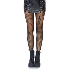 Black Snake Net Tights - Lace Embellished Fishnet Design, Comfortable Fit, Ideal for Fashion & Casual Wear, High-Quality Fabric, Perfect for Everyday Use - Womenswear