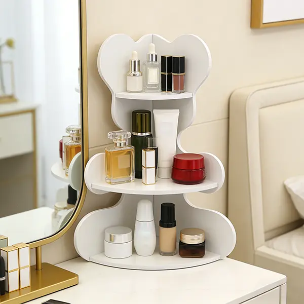 3-Tier Waterproof PVC Compact Corner Makeup Organizer Shelf - Durable Plastic Organizers with Compartments for Vanity Setup, Bathroom Organization & Desk Accessory, Decoration