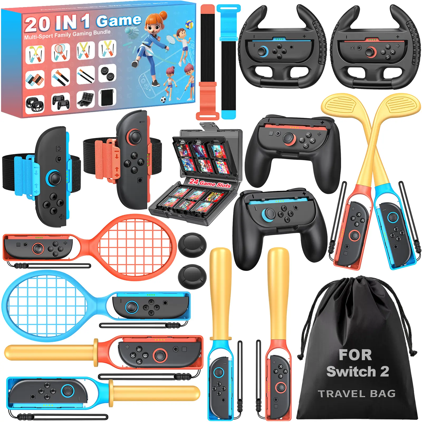Beboncool 20 In 1 ABS Plastic & Rubber Nintendo Switch Sports Accessories Bundle - Adjustable Grip, Controller Grips, Game Card, Lightsabers, Wrist Straps, Golf Clubs, Joy-Con Compatible, 1 Storage Bag, 2025 Family Party Gift