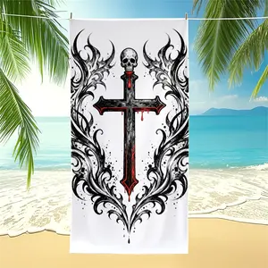 Gothic Skull & Cross Print Beach Towel, Dark Tattoo-Style Pool Towel, Soft Absorbent Camping Towel, Multi-Use Bath Towel Blanket with Vivid Digital Dye Print, Quick-Dry for Summer Beach & Outdoor Use