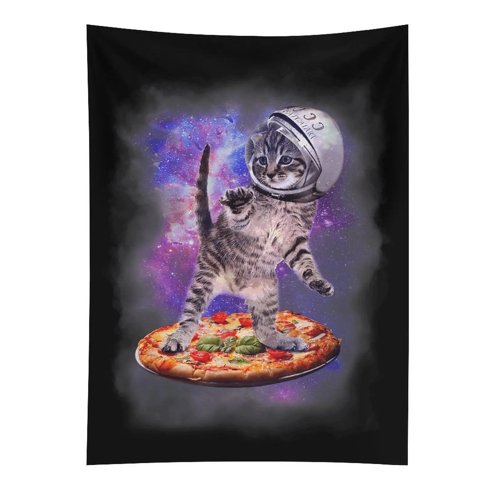 Cat Astronaut Pizza Wall Tapestry, Funny Space Kitten Wall Hanging, Galaxy Bedroom Dorm Room Decor