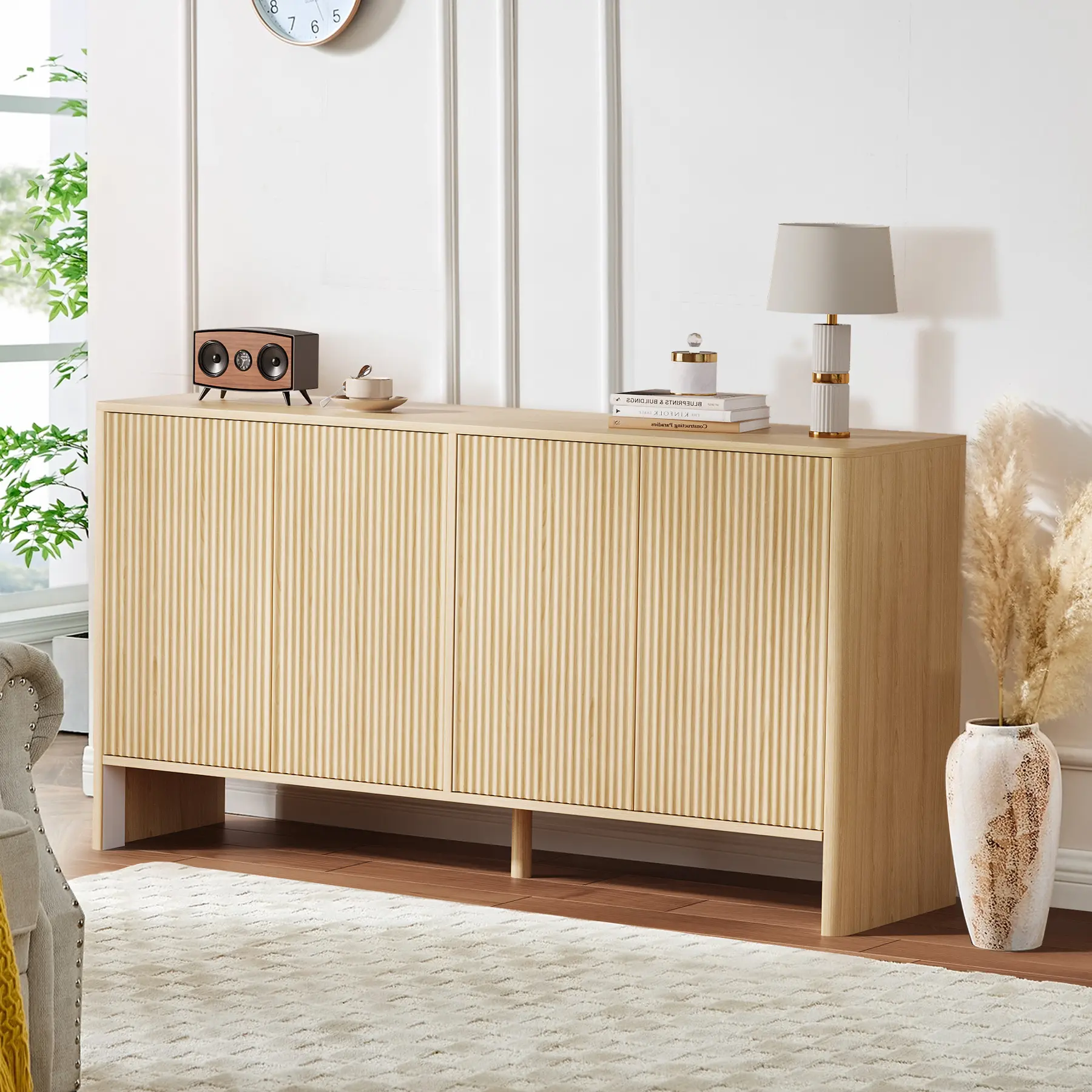 OUTGOODS Modern Fluted Oak Sideboard Buffet Cabinet - 58-in Wood Credenza with 4 Fluted Doors, Adjustable Storage Shelves, Composite Panel, Curved Edge, for Living Room, Dining Room, Wood Cabinets, Adjustable Storage Cabinets