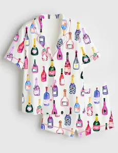 Women’s Champagne Bottles Watercolor Hot Pink Short Sleeve Satin Pajama Set