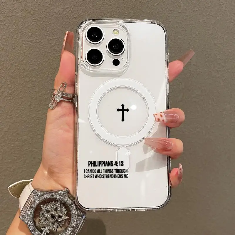Cross and Bible Verse Ultra Slim Magsafe Case for iPhone 17 Pro Max Air 16 16e 15 14 Plus 13 12 11 X XS Acrylic Transparent Anti-Scratch wireless charging compatible Phone Back Cover Gift 2D printing