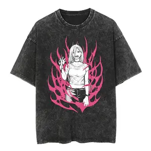 Chainsaw Man Power T-Shirt Vintage Wash Anime Graphic Tee for Menswear Top