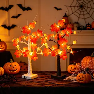 Halloween Pumpkin Maple Leaf Glowing Tree, 24 Leds, USB or 3aa Battery Powered, Timer Function, Desktop Decor, Night Light, Festival Decoration