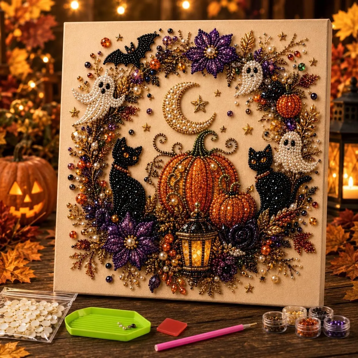 Halloween Ghost Pearl Art DIY Kit, Pearl Painting Kits for Adults, Pearls Diamond Art, Spooky-Cute Design, Fall Home Decor, Wall Art, Adults Craft Kit, 3D DIY Pearl Painting