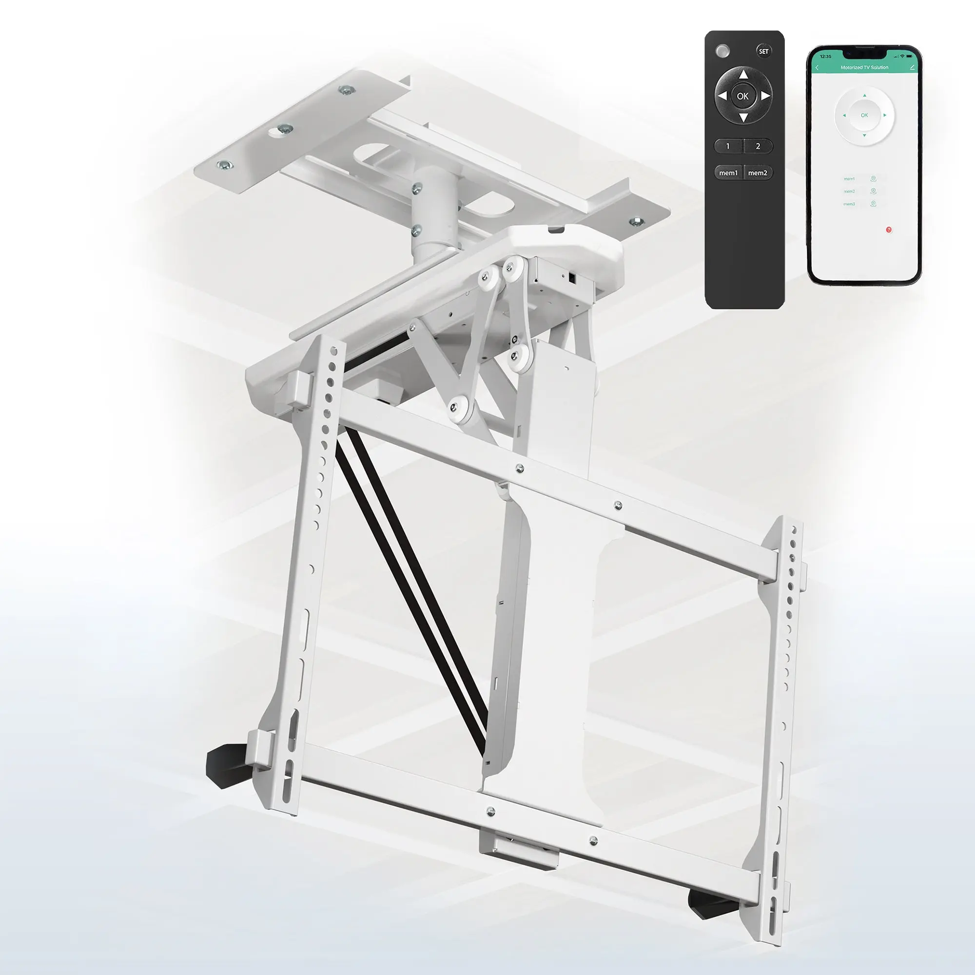 Motorized White Rectangular Electric Flip-Down Ceiling Mount, Single-Screen Automatic Lifting TV Mount for 32"-70" Screens, Ideal for Living Room