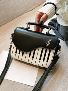 Theme style music style piano keyboard handbag, Casual Trendy Purses, high pitched score decoration design, single shoulder crossbody bag, suitable for street photography, socializing