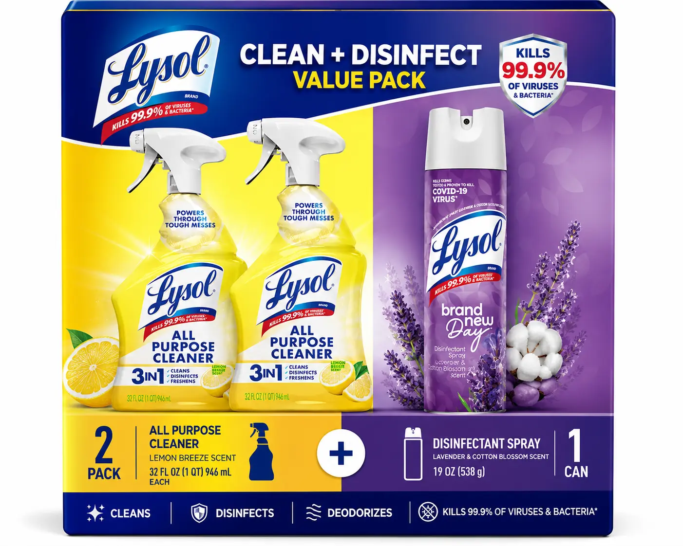 Lysol Clean + Disinfect Value Pack, 2 x 32 fl oz All Purpose Spray Cleaner, Lemon Breeze Scent + 1 x 19 oz Disinfectant Spray, Lavender & Cotton Blossom Scent, Sanitizing, Antibacterial & Deodorizing Household Cleaning Bundle