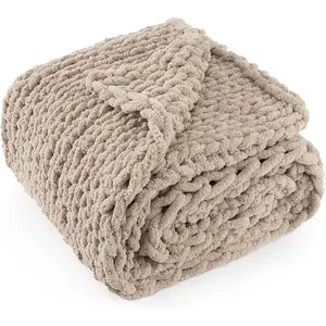 Chunky Knit Throw 50"X 60", 100% Handmade with Chenille Yarn, 4.4lbs Thick Cable Knitted Blankets, Large Rope Knot Crochet Throws for Couch Sofa, Taupe