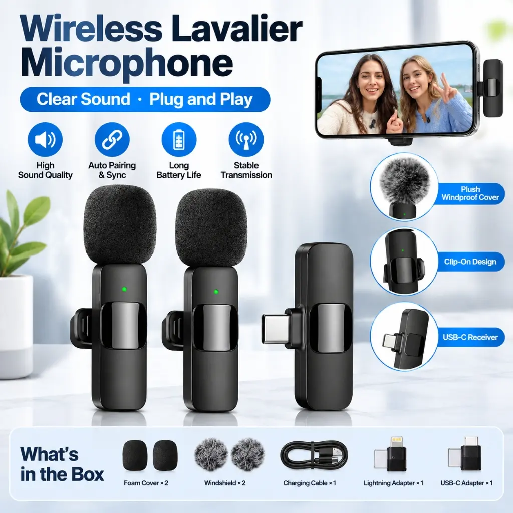 2 in 1 Wireless Clip-on Lavalier Mics, with IOS Adapter Wind Muffs, for iPhone Android iPad Type-C Laptop Vlog Live Recording