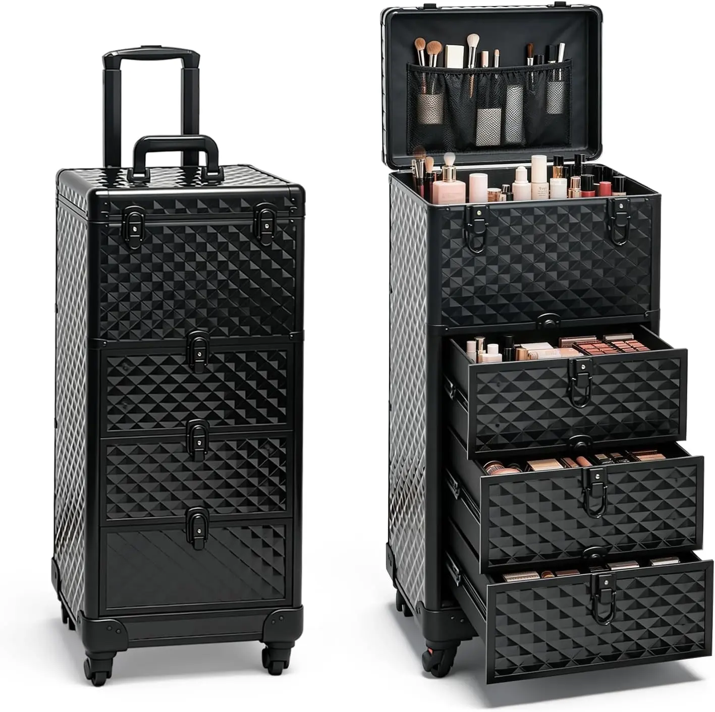Rolling Makeup Train Case, Professional Cosmetology Case on Wheels Lockable Salon Trolley Cart with 3 Drawers, Mobile Beauty Storage Cart for Nail Tech, SPA & Home Use