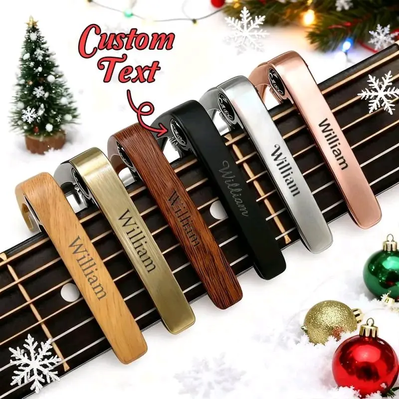 Personalized Metal Guitar Capo, Wood Grain Design, Custom Engraved Message