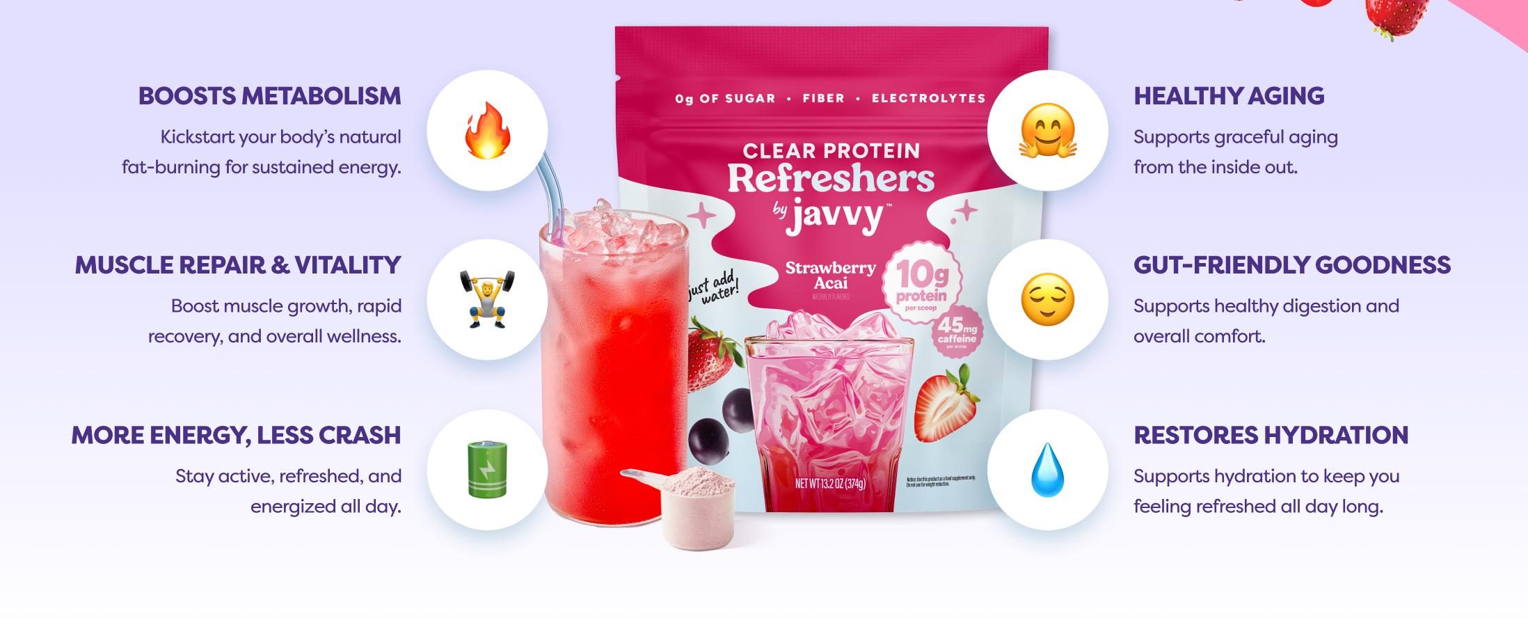 Javvy Summer Refresher Trio TikTok Exclusive Bundle - Strawberry Acai, Mango Pineapple & Peach Passionfruit Clear Protein Refreshers - 10g Protein, 45mg Caffeine, 0g Sugar, Fiber & Electrolytes, Naturally Flavored, Just Add Water