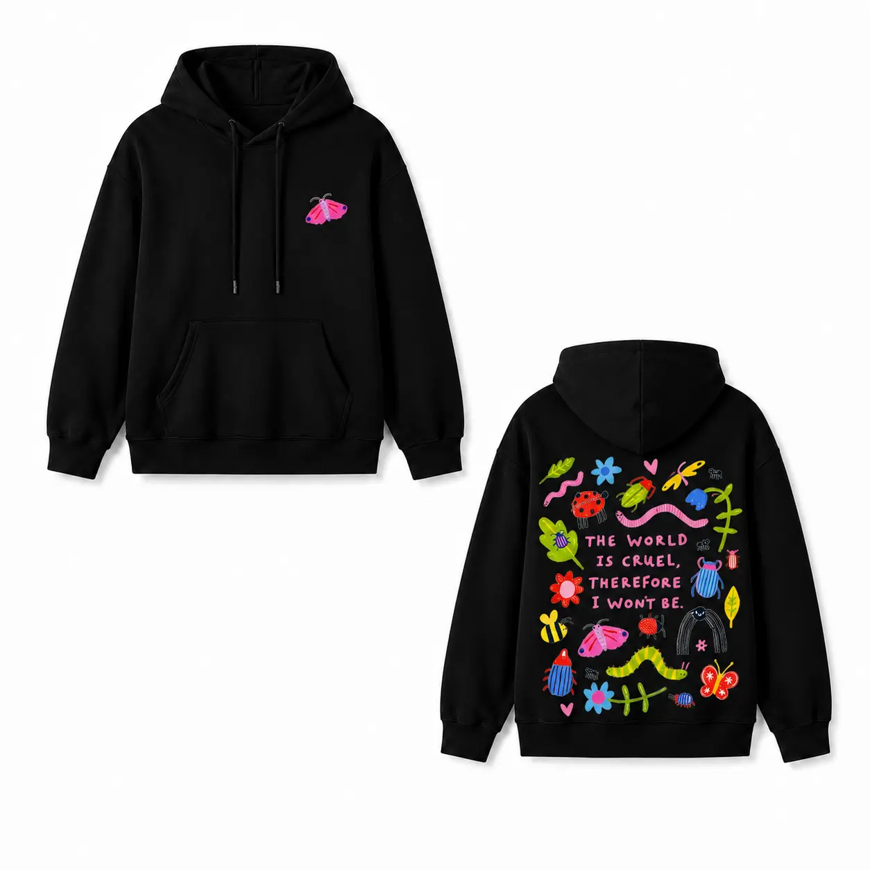 Heavyweight Graphic Hoodie with "The World is Cruel" Back Print, Unisex Oversized Streetwear Pullover with Kangaroo Pocket and Ribbed Cuffs, Everyday, Fabric, Statement, Casual, Cargo, Adjustable