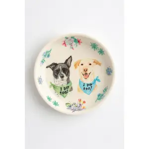 Wedding Dog Ring Dish – “I Do Too!” Pet Portrait Ceramic Dish with Floral Border – Handmade 4” Round Gift for Dog Lovers, Ready to Ship