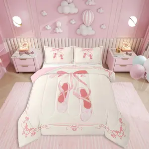 Feelyou Vintage Coquette Pink Bow Microfiber Comforter Set - Twin Size, Unique Design, Aesthetic Preppy Style, Microfiber Filling, Pink Ballet Shoes & Watercolor Print Bedding for Girls