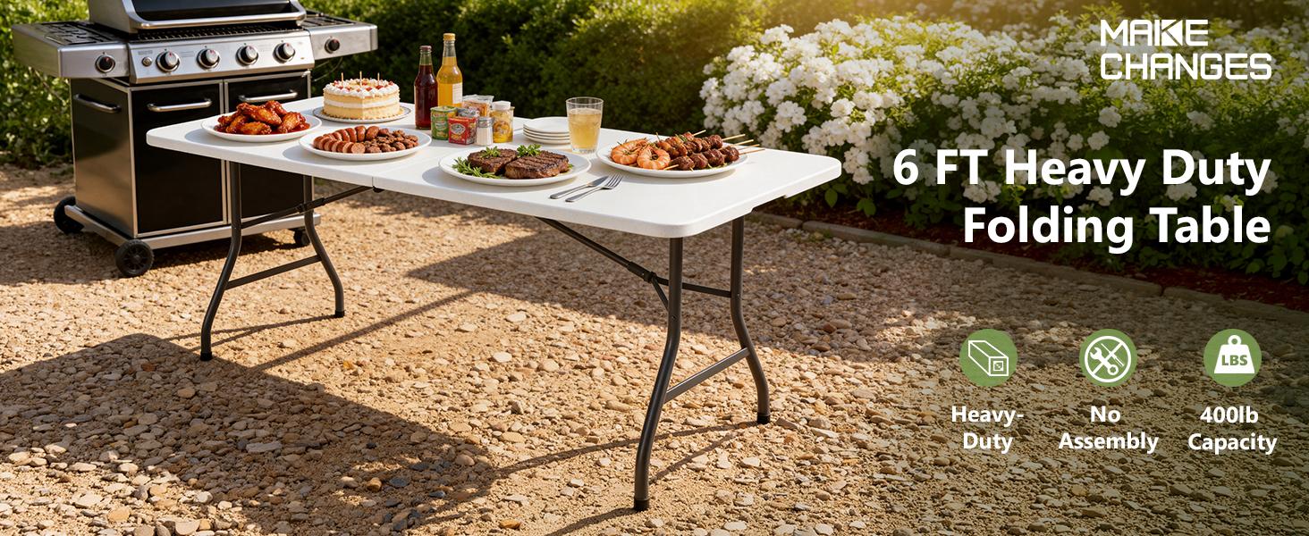 Make Changes  6 Feet Foldable Table with Carrying Handle, Heavy Duty Portable Fold-in-Half Utility Table for Party, Camping, Banquet, Craft, Wedding, Indoor & Outdoor Use