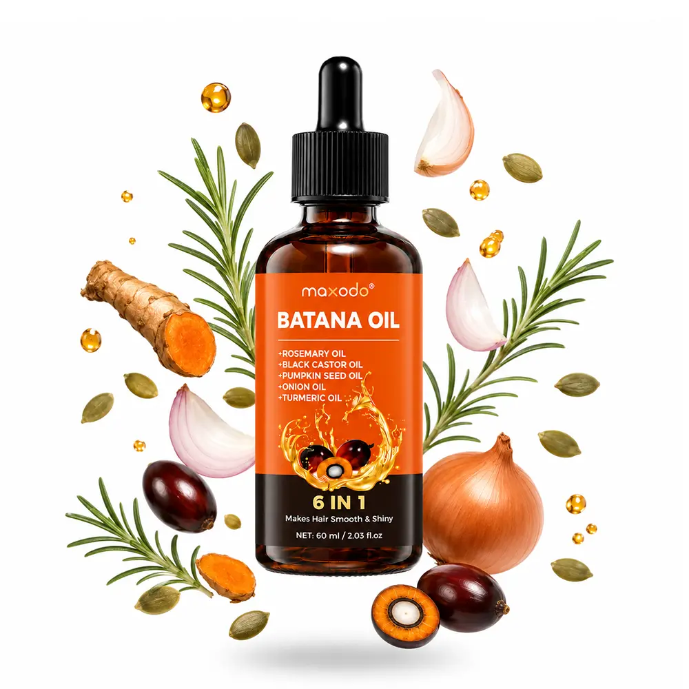 Maxodo 6-in-1 Batana Hair Oil with Rosemary, Black Castor, Pumpkin Seed, Onion & Turmeric Oils – Lightweight Hair & Scalp Care Oil for Smoother, Shinier Looking Hair – Suitable for All Hair Types – 60ml / 2.03 fl oz