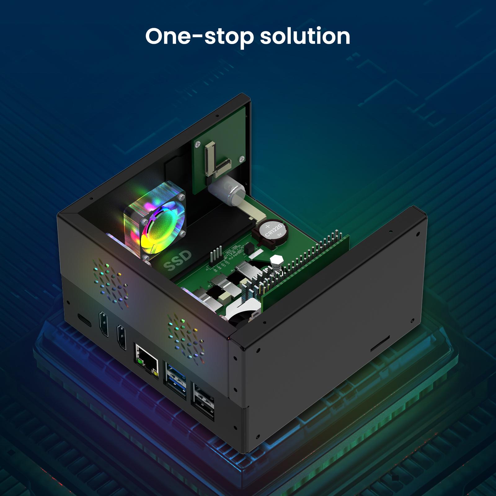 Elecrow Pitower Gen 1 Mini PC Case for Raspberry Pi 5: Aluminum Case with 3 Cooling Fans, 1.3" OLED Display, PCIe M.2 NVMe SSD 2230/2242/2260/2280 Support, RTC, Full Port Access