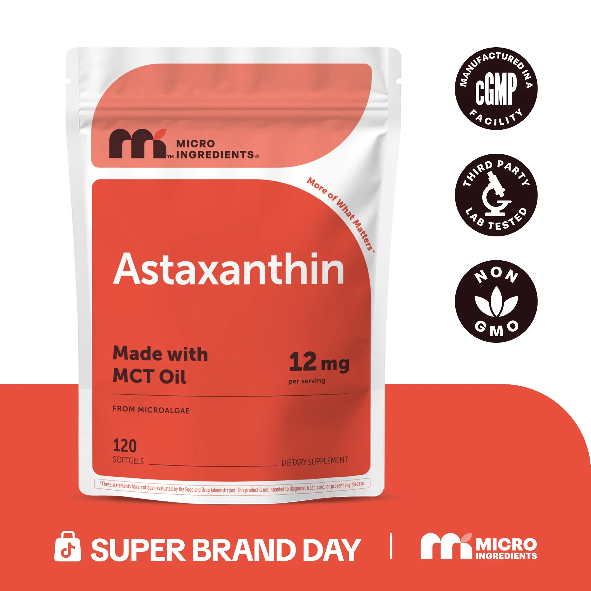 Micro Ingredients Astaxanthin 12mg | Natural Tanning, Fresh Microalgae Source, Easy to Swallow