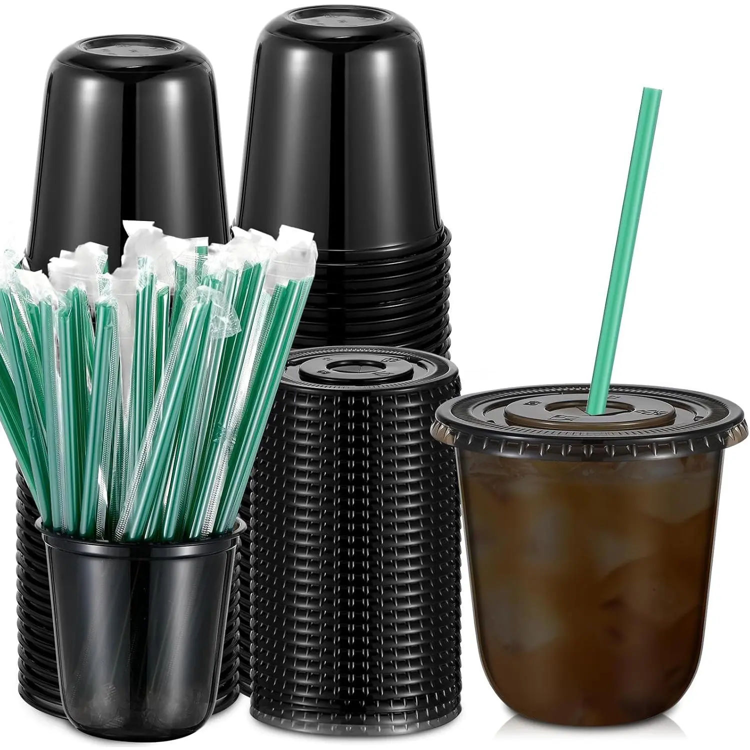 25 Set Plastic Cups with Lids and Straws, Disposable Plastic Iced Coffee Cup  Cold Beverage Juice Smoothie Crystal  Coffee Shops Party Catering (Black,12 oz)
