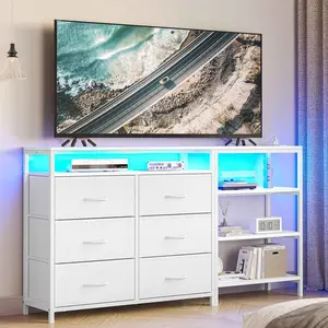 Sikaic TV Stand for Bedroom with Charging Station and LED Lights, Entertainment Center for 60 Inch TV with 6 Fabric Drawers, TV Console with Open Shelf for Living Room