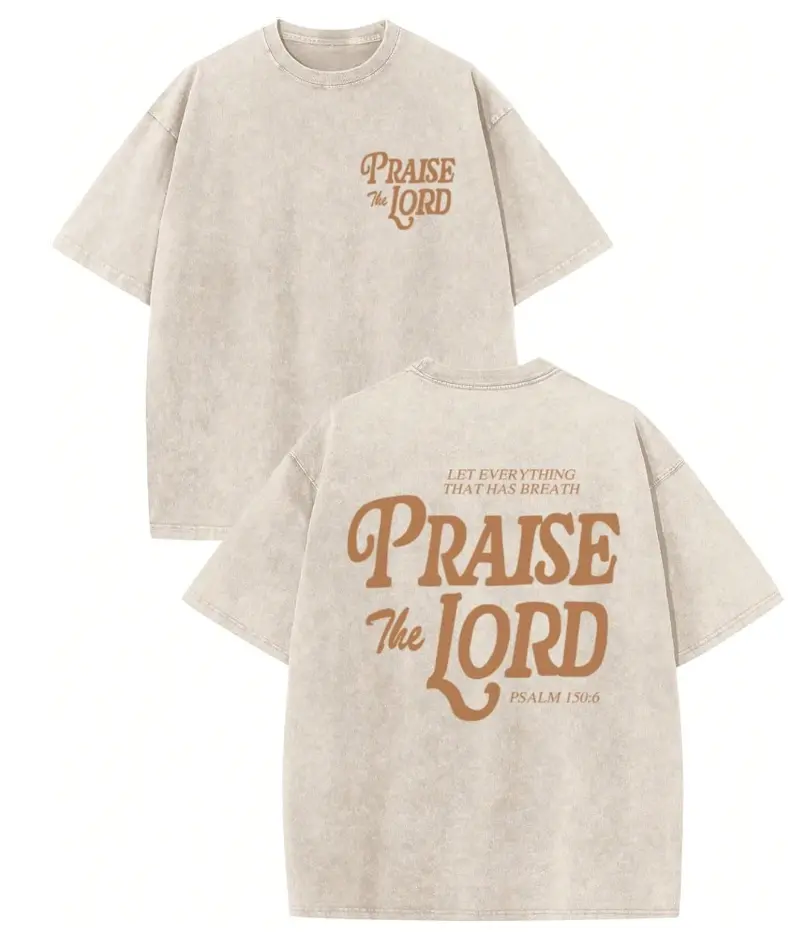 Vintage Washed "Praise The Lord Bible Verse" Double-Sided Graphic Tee | 230gsm Heavyweight Religious Streetwear, Unisex Oversized Crew Neck Fit, 100% Breathable Cotton Spiritual Casual Top for Men & Women