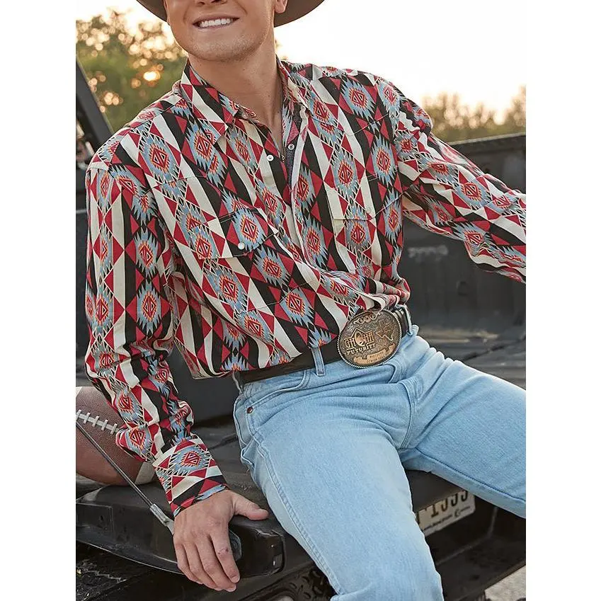 Men's Western Cowboy Style Vintage Print Loose Fit Long Sleeve Shirt Casual Button-Up Fall Top for Streetwear