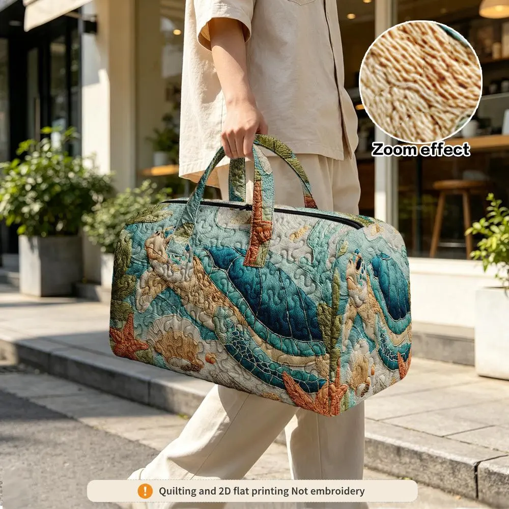 (2D Flat) 1pc Large Capacity Quilted Tote Bag, Sea Turtle And Seashells Pattern Printed Handbag, Suitable for Travel, Gym, Yoga, Exercise, Casual Outings, And Daily Commuting (Non-)