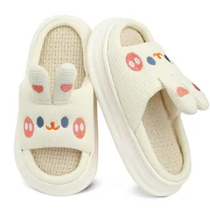 Women Cotton flax Slippers Slides with Cute Cow/Rabbit/Pig/Frog/ Bear Memory Foam House Bedroom Slippers for Womens Girl Footwear