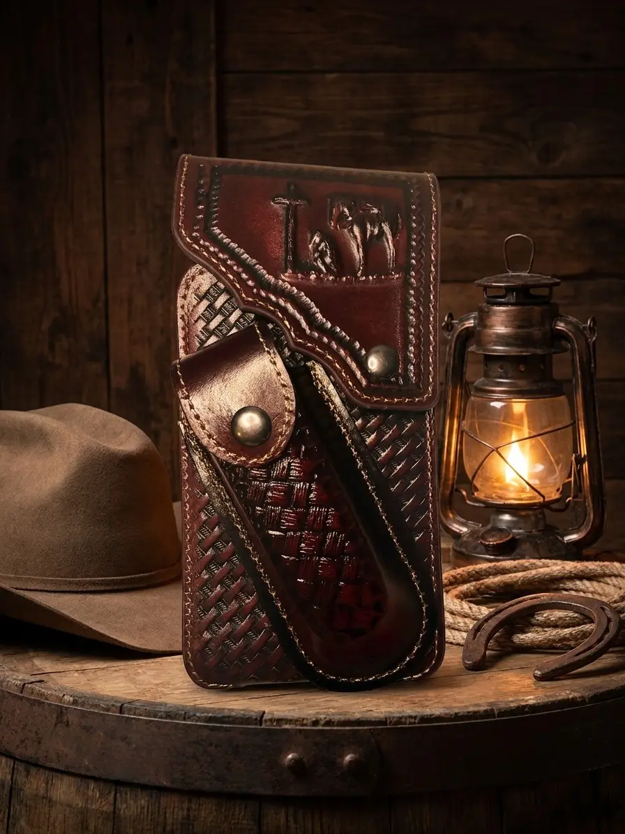 Praying Cowboy Western Genuine Leather Cellphone Belt Holster & Knife Holder – Hand-Tooled, Magnetic Closure