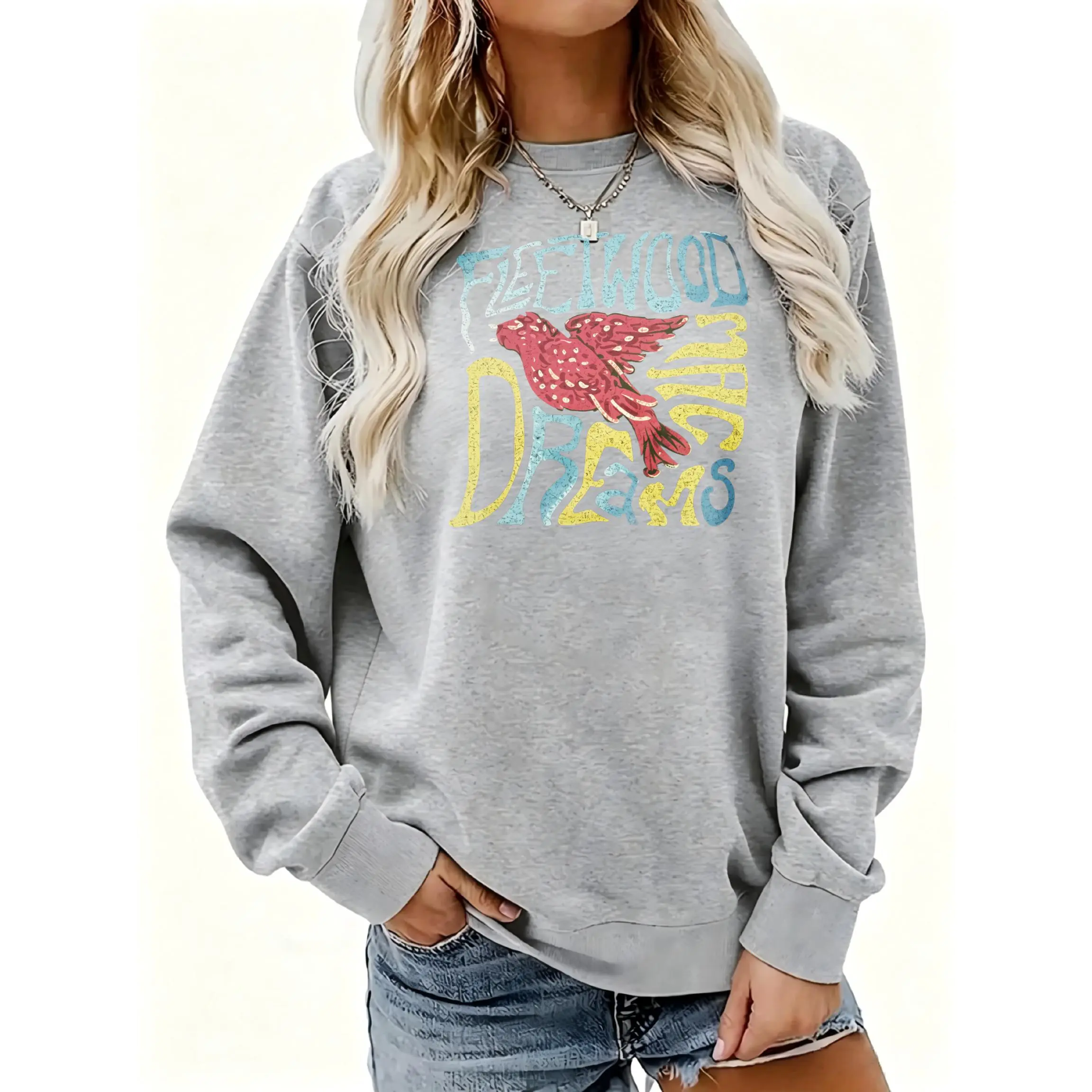 Women's Fleetwood Dreams Bird Graphic Print Crewneck Sweatshirt | Soft Stretchy Long Sleeve Pullover | Cozy Fall Layering Essential For Casual Daily, Office & Streetwear Looks