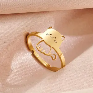 Fashionable And Adjustable Open Ring Featuring a Cute Stainless Steel Kitten Design
