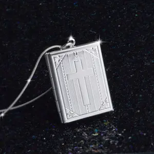 925 Sterling Silver Christian Jesus Cross Crucifix Bible Book Locket Necklace