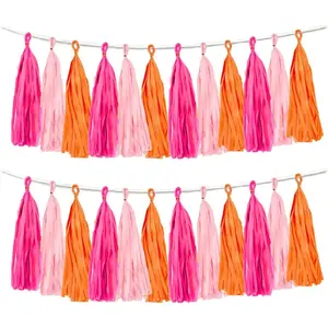 Rose red Pink and Orange Tassel Garland Banner Paper Tassels for Party Decorations,Pack of 15