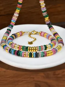 2pcs Colorful Natural Stone Necklace Bracelet Set, Bohemian Vintage Handmade Jewelry, Summer Party Beach Vacation Gift for Sisters Friends, Jewelry Sets