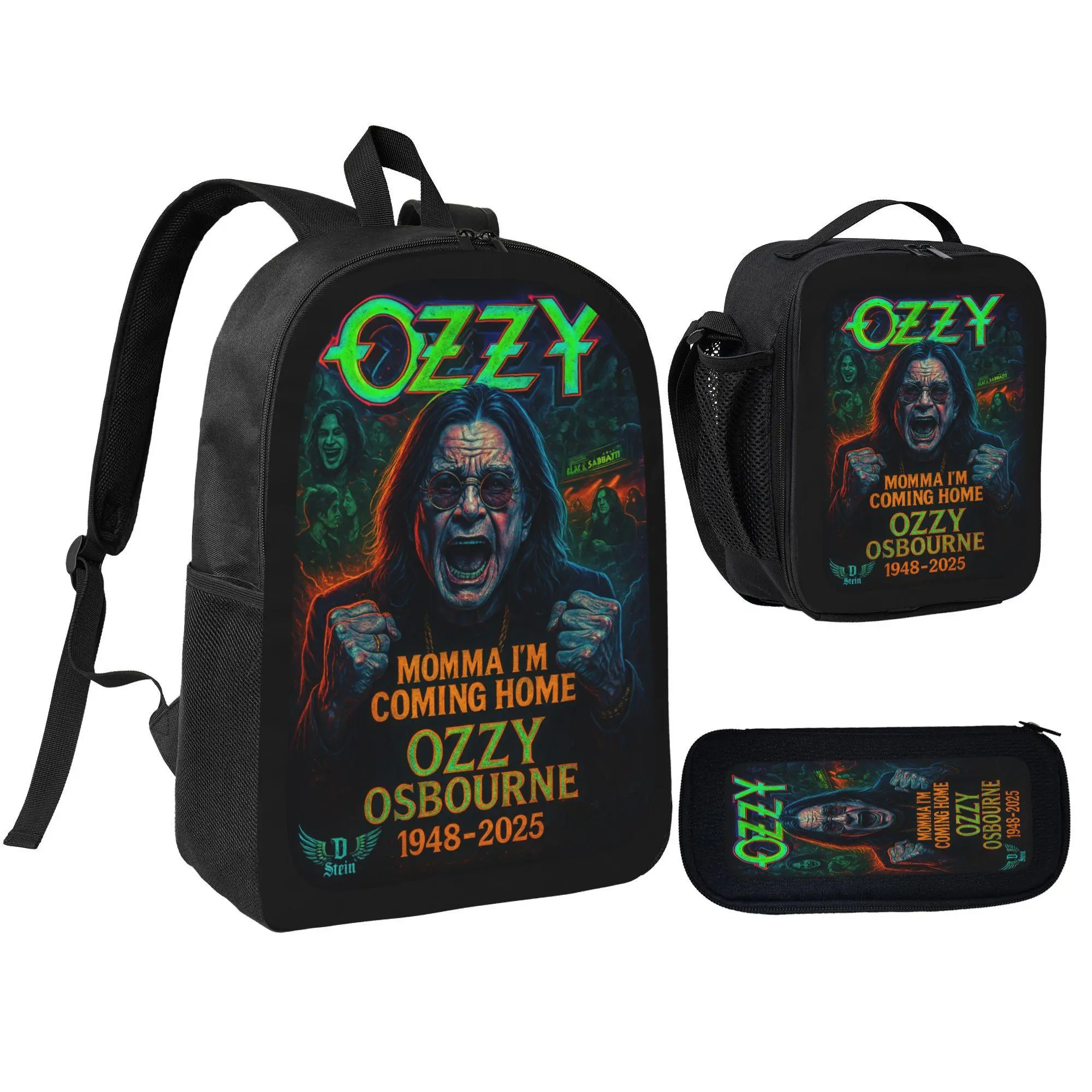 [3Pcs Backpack Set] Ozzy Osbourne Momma I'm Coming Home 1948-2025 Memorial Art with Lunch Bag Pencil Pouch School Bag for Fans Students Daily Use