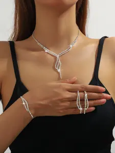 Elegant Bridal Matching Jewelry Set, Fashionable New Arrival, Sparkling Rhinestone Geometric Necklace Bracelet Earrings Trio, Perfect Wedding Accessories