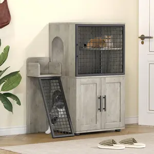 [HOT] Garvee Modern Villa Cat Litter Box Enclosure + Hidden Furniture + Double Layer + MDF & Iron + Ladder & Ventilation + Indoor Use, Grey, Light Grey