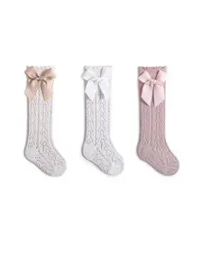 3 Pairs Spring Summer Thin Cute High-Cut Mesh Bow Solid Color Socks, Breathable Princess Socks for Outdoor Indoor Daily Wear Socks Set