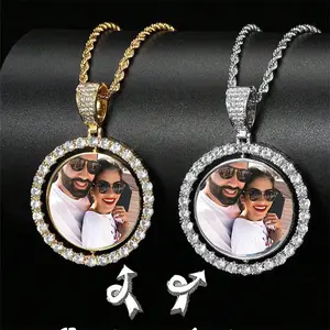Custom Hip hop pendant Plated Gold Brass Jewelry Personalized Memory Picture Pendant Double Sided Rotating Circle Iced Photo Frame Gifts