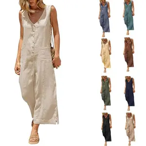 Kingapril Women Button Down Jumpsuits Cotton Linen Sleeveless Casual Wide Legs Rompers Loose Overall with Pockets
