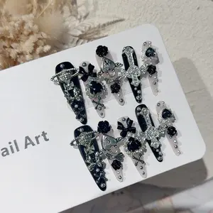 AURÉA Sheer Pink Black Gothic Press On Nails| Handmade Silver Cross & Black Rose Nail Art| Japanese Dark Coquette Y2K Nails