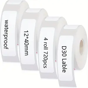 4 Rolls of Thermal Label Paper, 12 x 40mm Labels, Adhesive, Waterproof, Tear-Resistant, for Phomemo D30 Label Printer, White Label Tape, Thermal Labels for Storage Jars, Files, Addresses, Adhesive Stickers