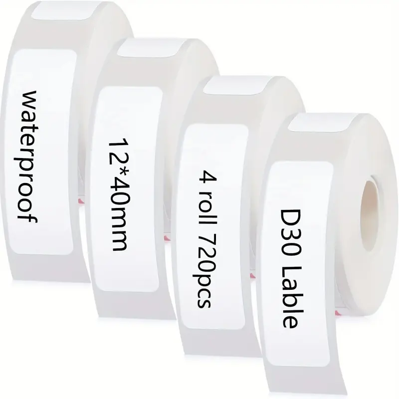 4 Rolls of Thermal Label Paper, 12 x 40mm Labels, Adhesive, Waterproof, Tear-Resistant, for Phomemo D30 Label Printer, White Label Tape, Thermal Labels for Storage Jars, Files, Addresses, Sticky Labels, Adhesive Stickers, Self Adhesive Stickers