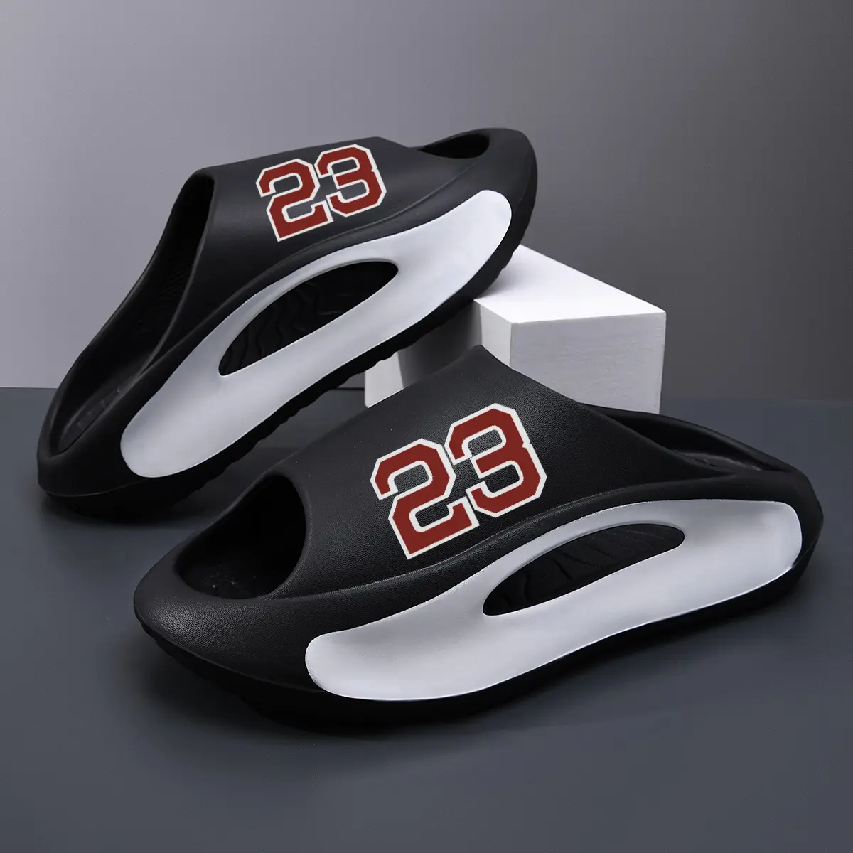Men's Chic EVA Upper Slip-On Ankle Slides - Chunky, Non-Slip, Water-Friendly, Graphic Hollow-Cut, Letter Print Platform Slippers for Beach/Outdoor, Indoor Home Use (White, Black)
